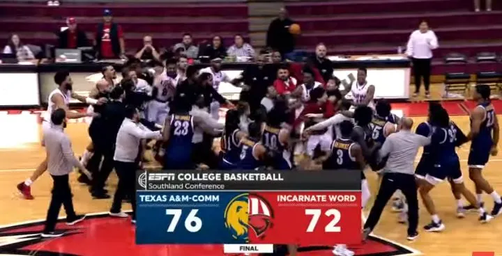 Wild brawl breaks out in Texas A and M Comm-Incarnate Word handshake lines, Brawl breaks out after handshake line altercation in Texas A&M Commerce vs Incarnate Word, College Basketball VIDEOs, College Basketball, Basketball Highlights, Video FGCU men’s basketball stuns No. 7 FAU, Video Basketball Highlights, fiba basketball world cup 2023, basketball live now, NCAA Men's Basketball, Texas A&M Commerce, Incarnate Word